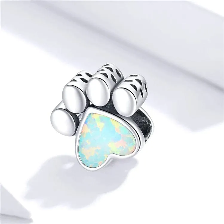 Opal Heart Paw Print Charm