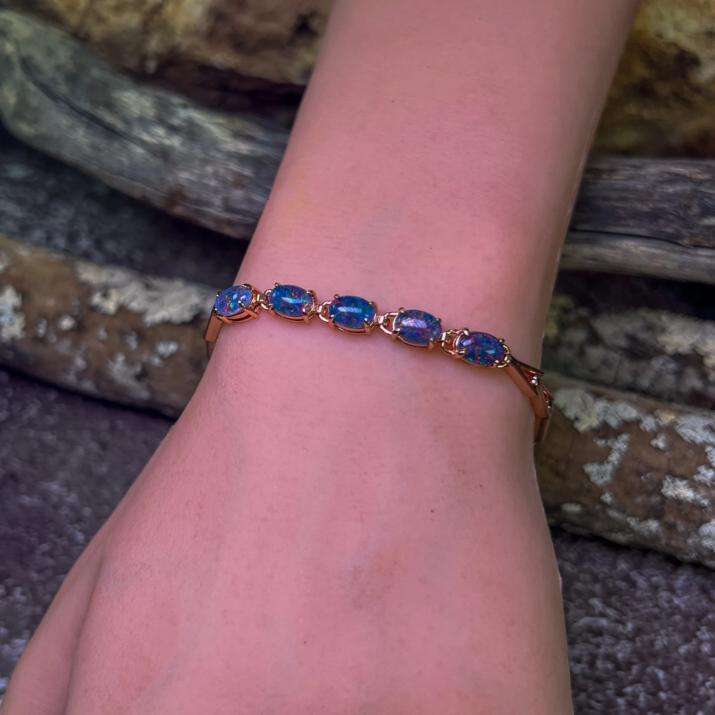 Rose Gold Plated Sterling Silver Opal triplet 8x6mm bracelet