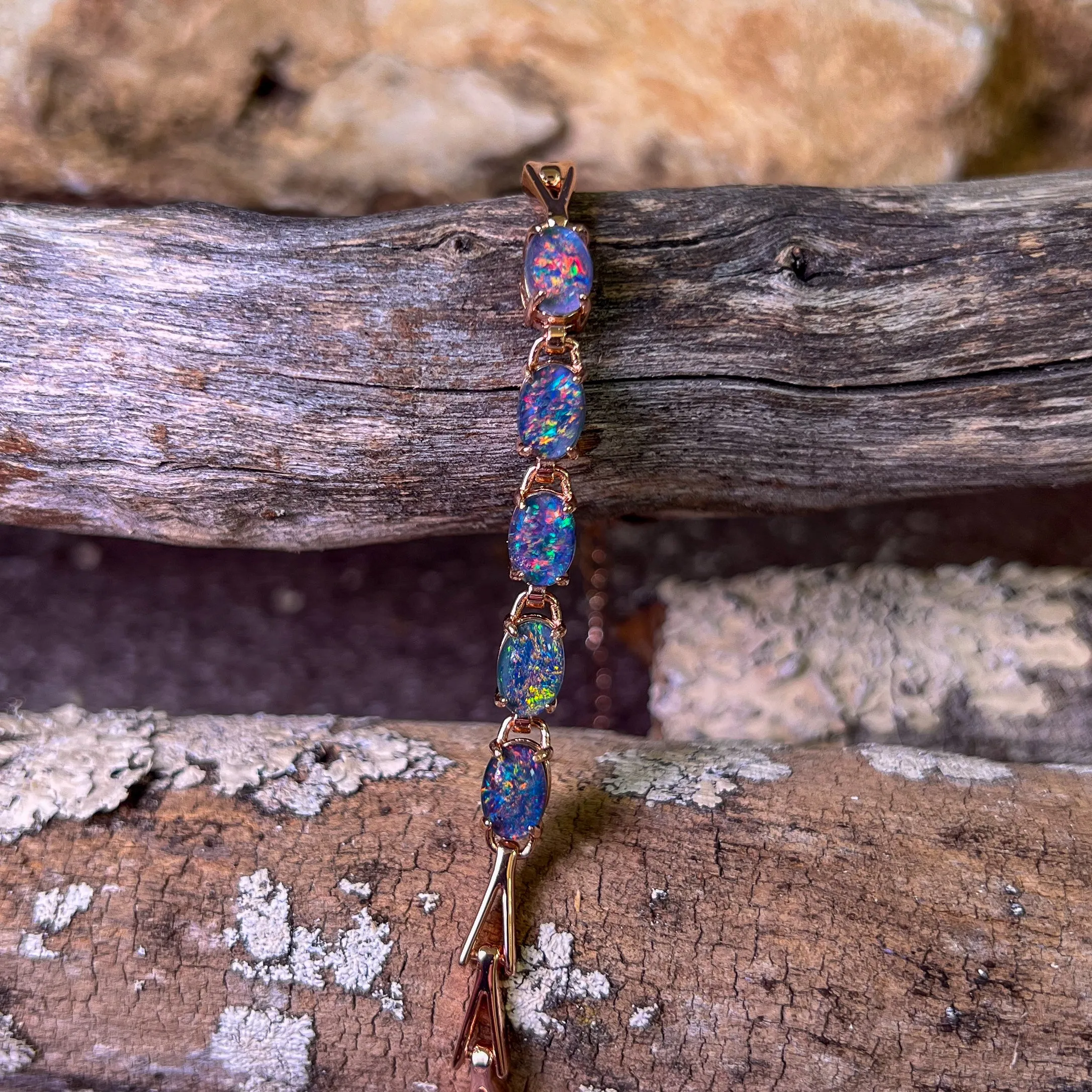Rose Gold Plated Sterling Silver Opal triplet 8x6mm bracelet
