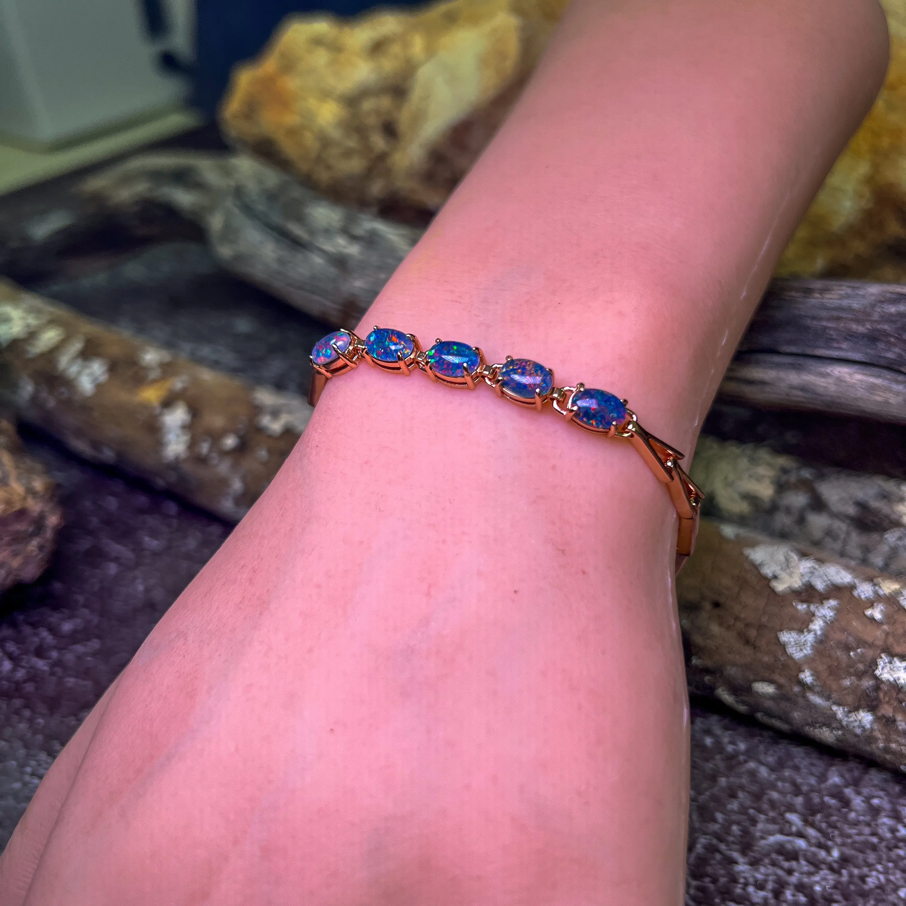 Rose Gold Plated Sterling Silver Opal triplet 8x6mm bracelet