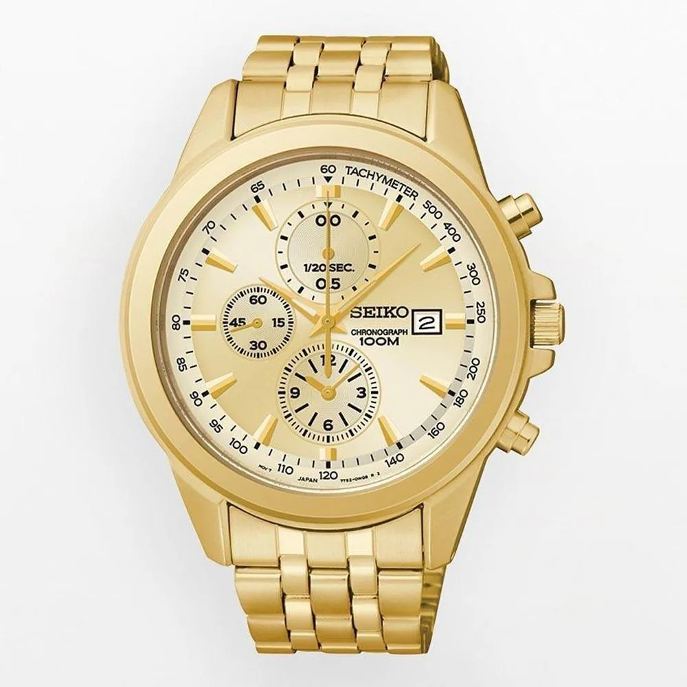 Seiko SNDF08 Men's Chronograph Gold Tone Dial Gold Plated Steel Bracelet Watch