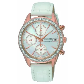 Seiko SNDY16 Women's Chronograph MOP Dial Leather Strap Rose Gold Steel Watch