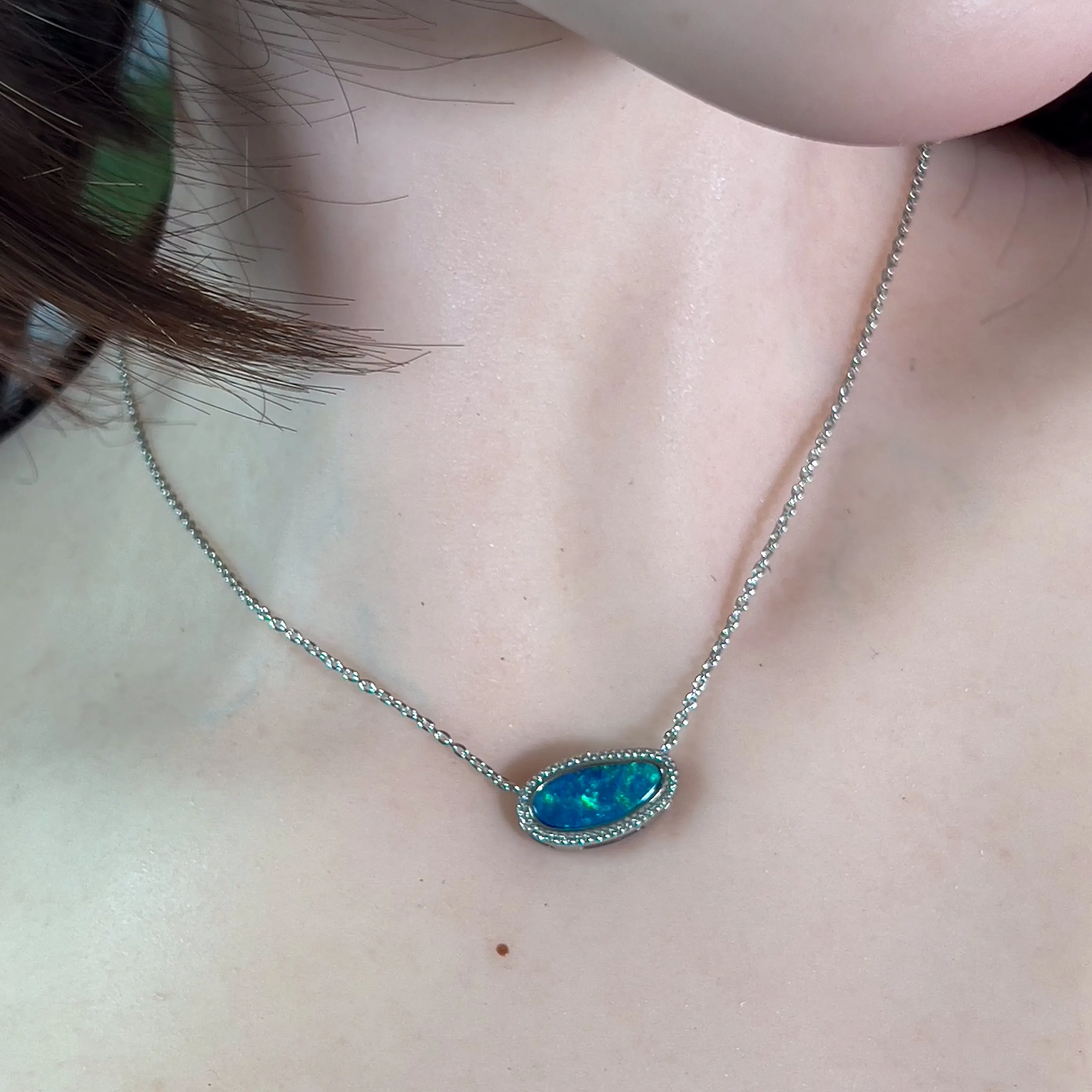 Sterling Silver Halo style Opal doublet necklace Blue Green