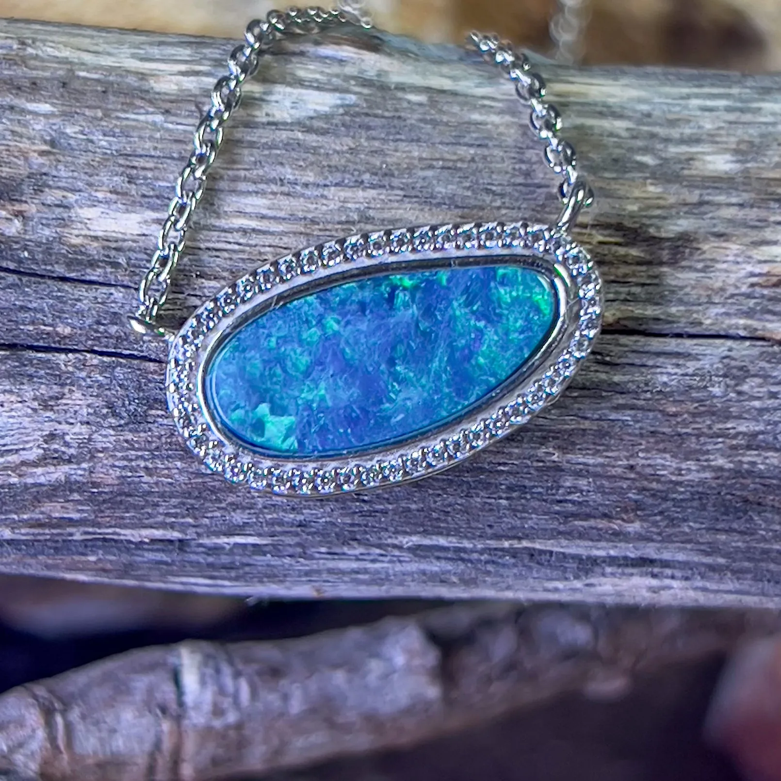 Sterling Silver Halo style Opal doublet necklace Blue Green
