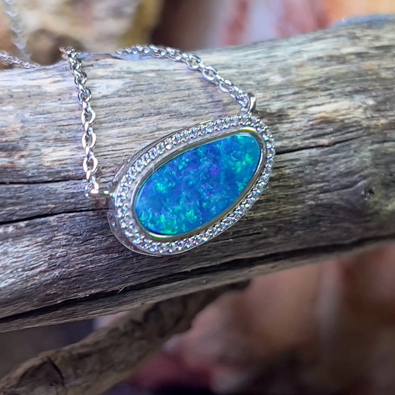 Sterling Silver Halo style Opal doublet necklace Blue Green