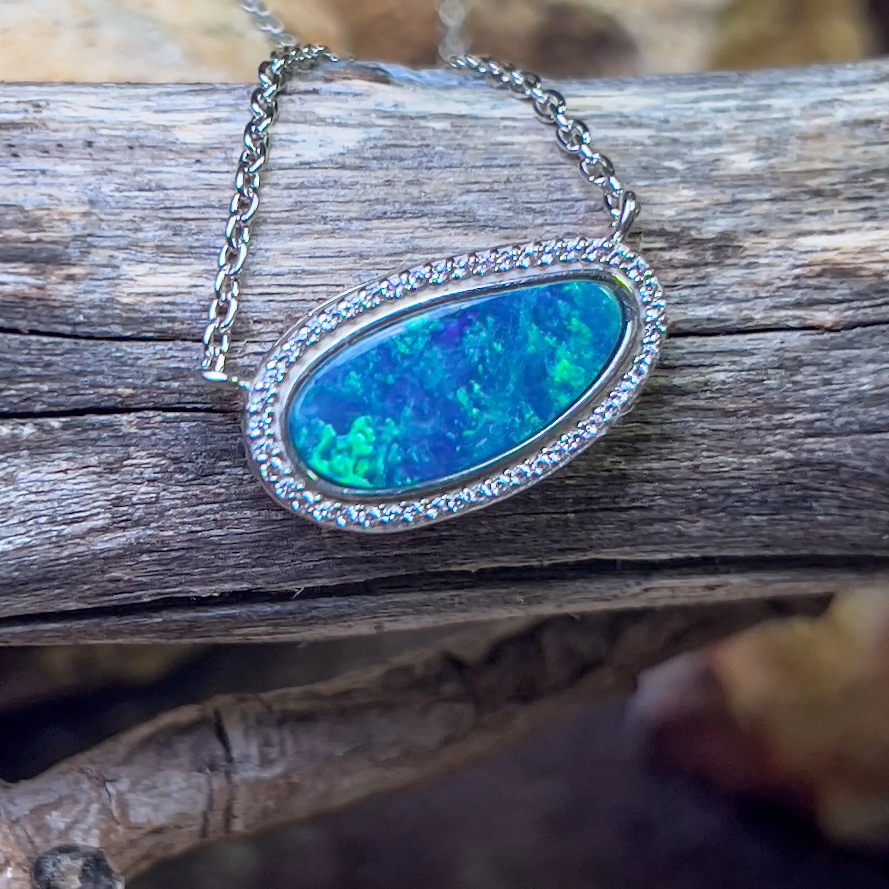 Sterling Silver Halo style Opal doublet necklace Blue Green