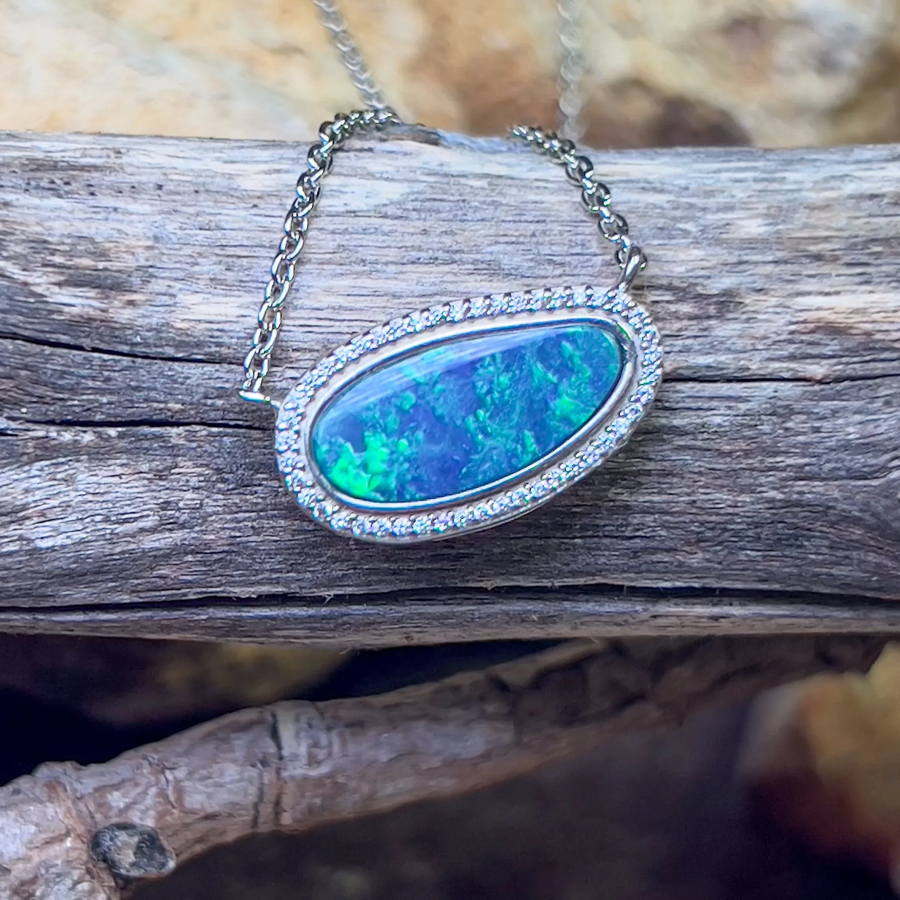 Sterling Silver Halo style Opal doublet necklace Blue Green