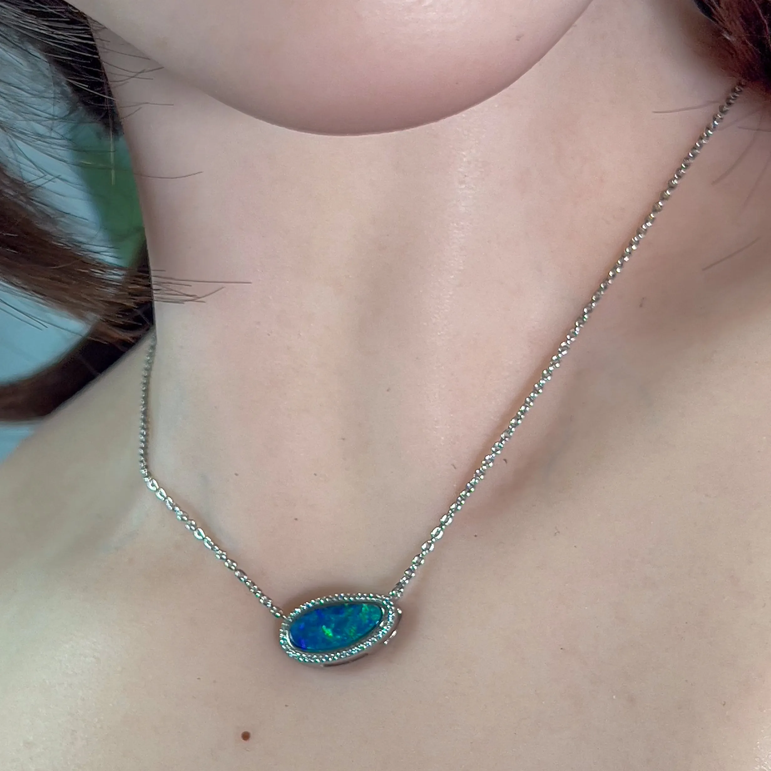 Sterling Silver Halo style Opal doublet necklace Blue Green