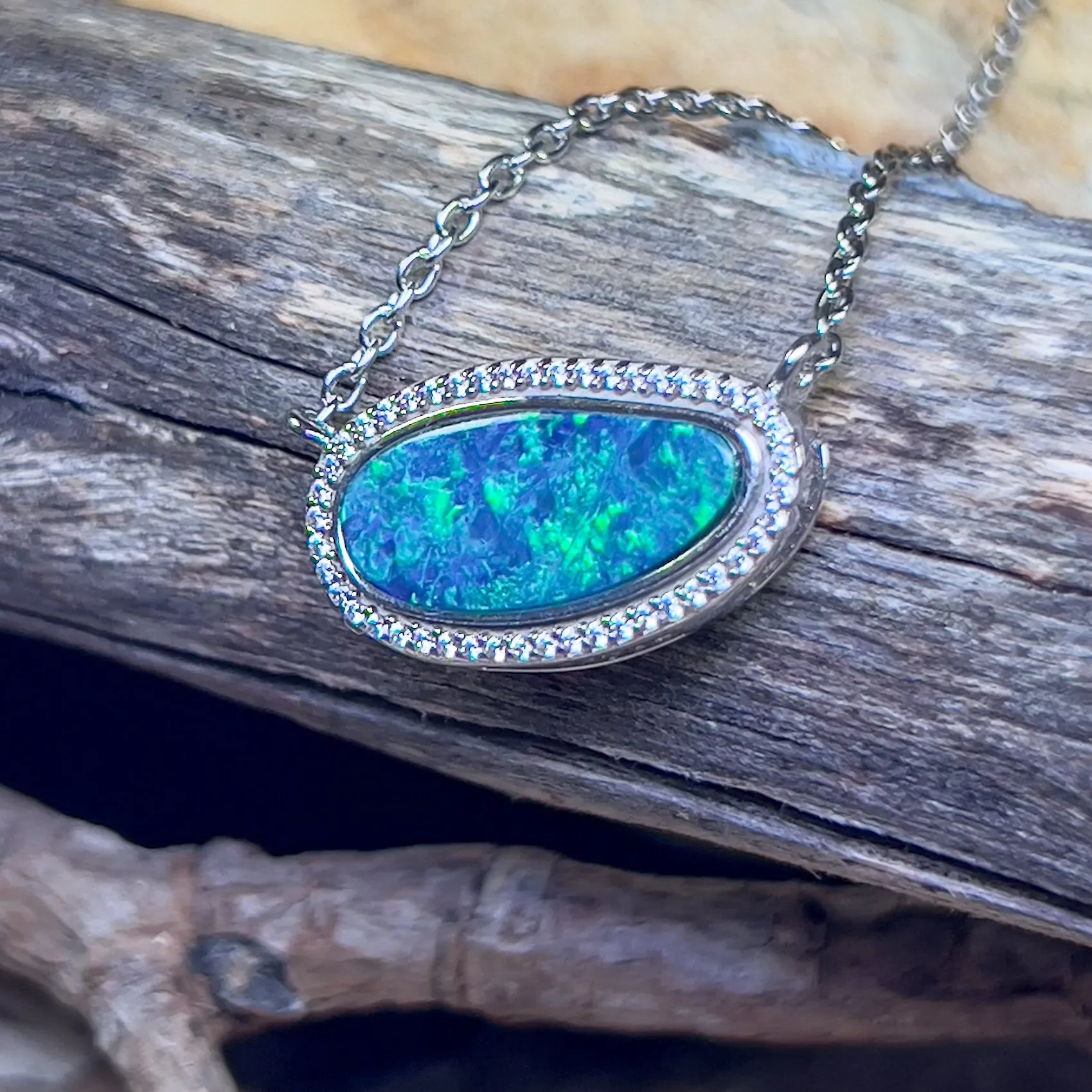 Sterling Silver Halo style Opal doublet necklace Blue Green
