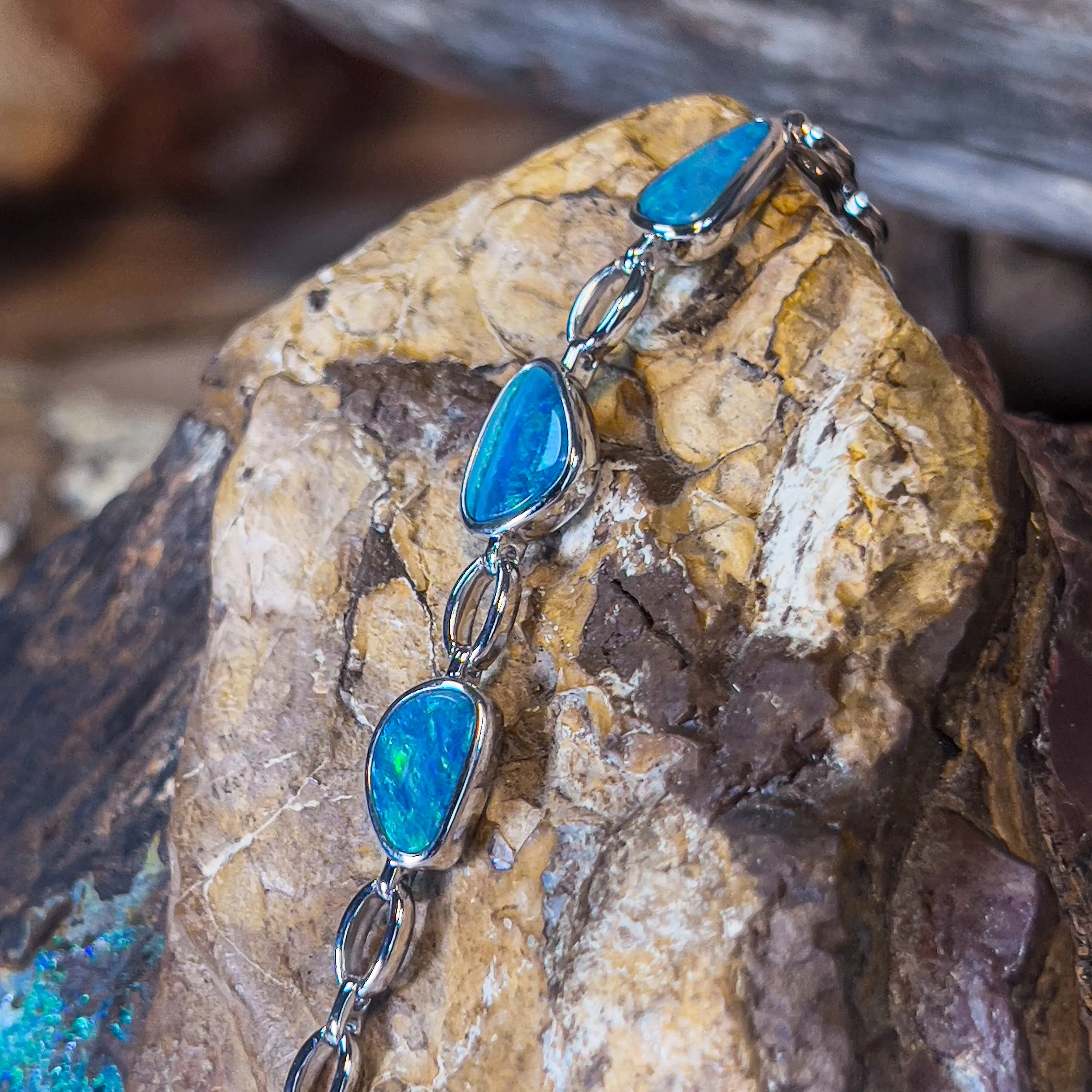 Sterling Silver Opal doublet freeform Blue Green bracelet