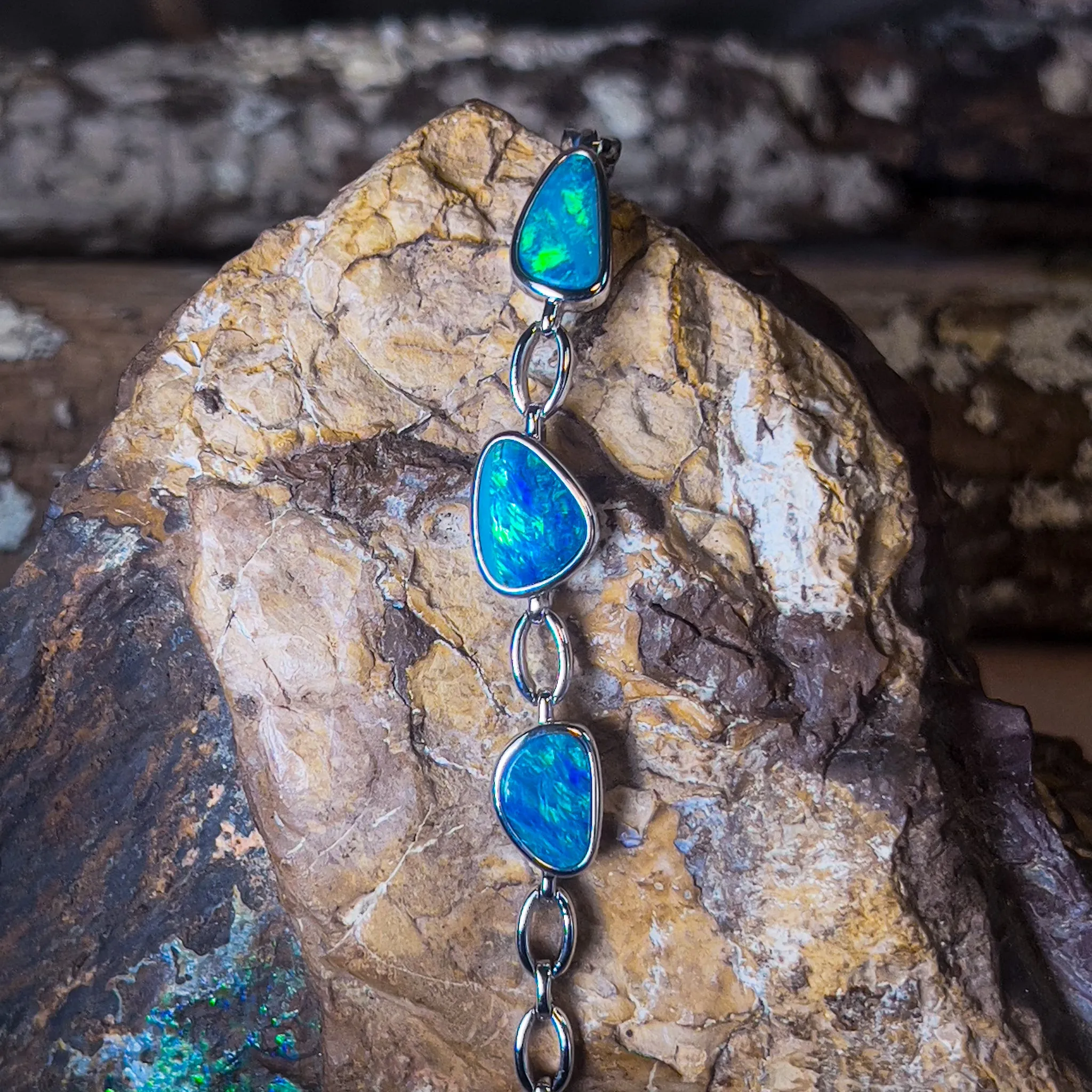 Sterling Silver Opal doublet freeform Blue Green bracelet