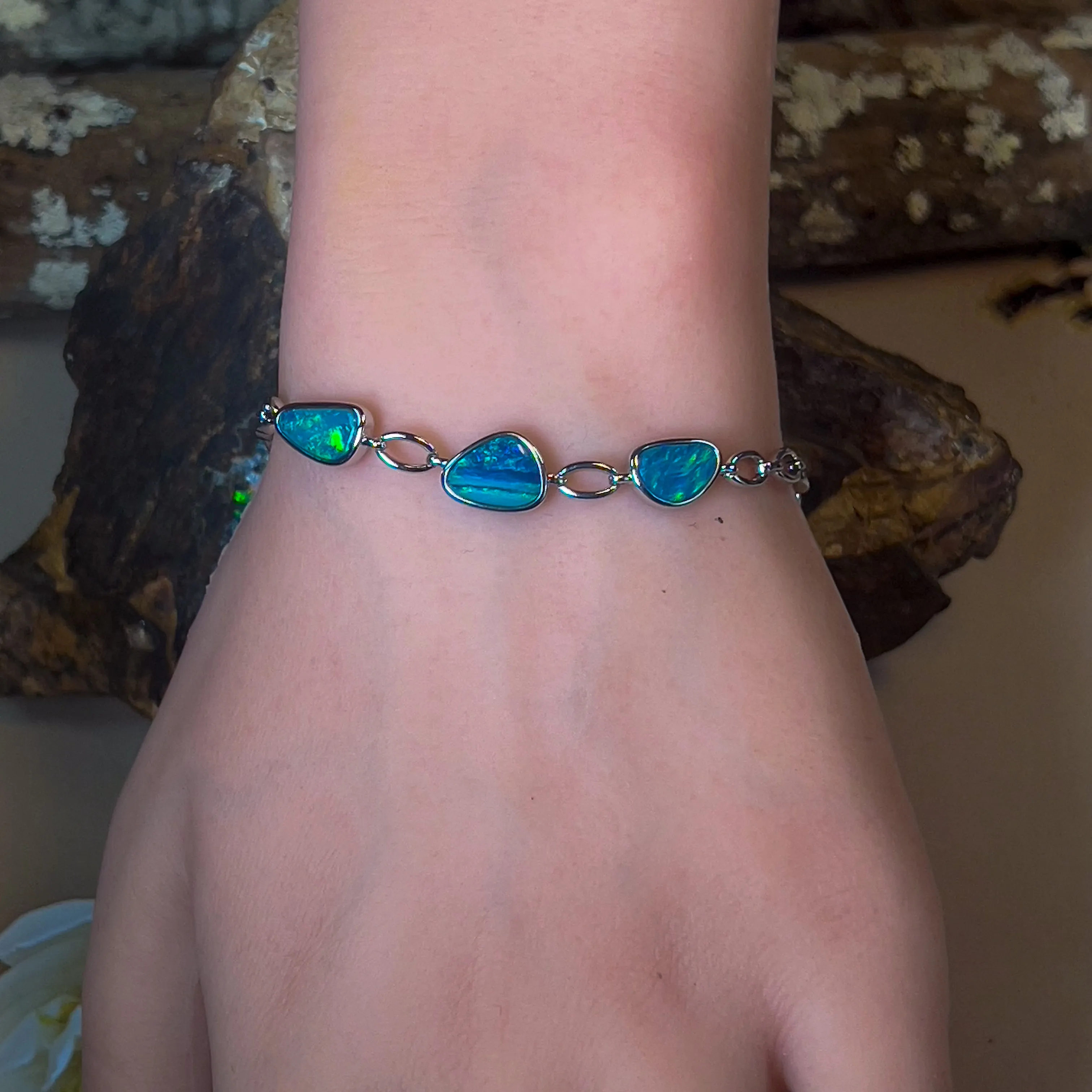 Sterling Silver Opal doublet freeform Blue Green bracelet