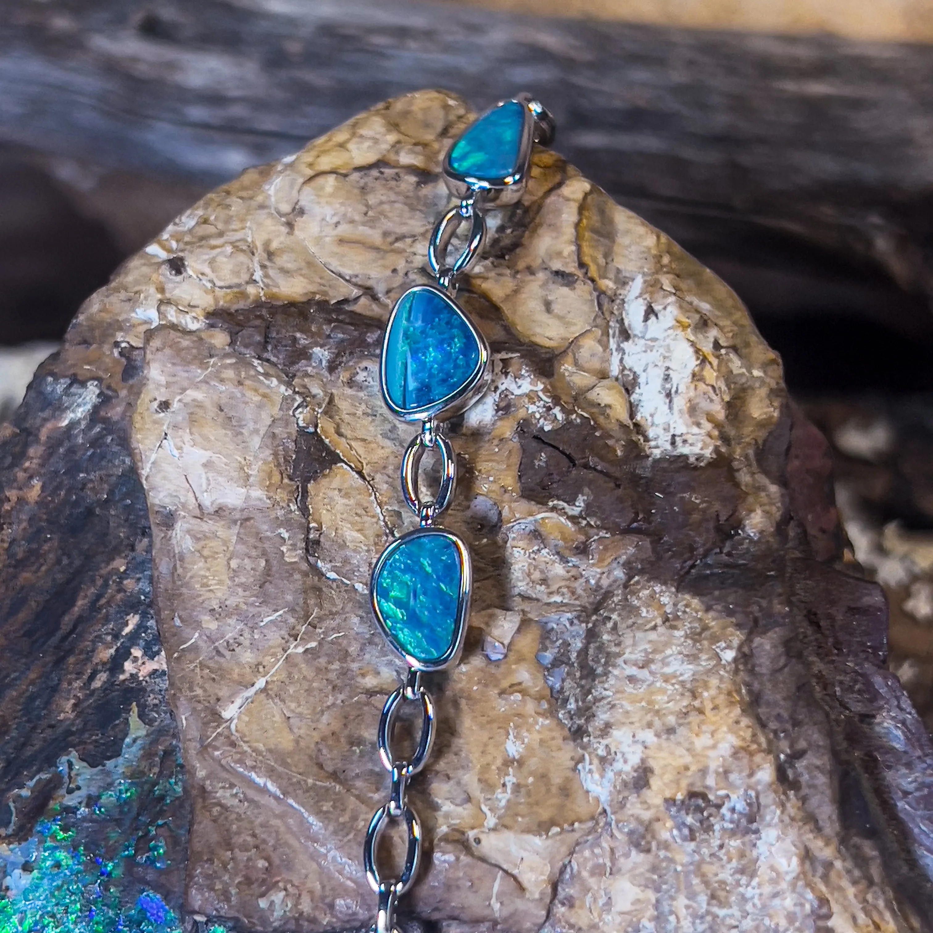 Sterling Silver Opal doublet freeform Blue Green bracelet