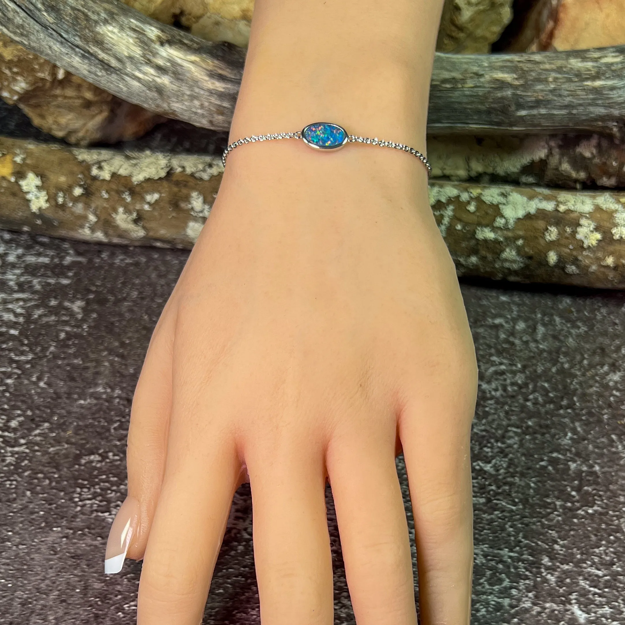 Sterling Silver Opal doublet oval solitaire bracelet