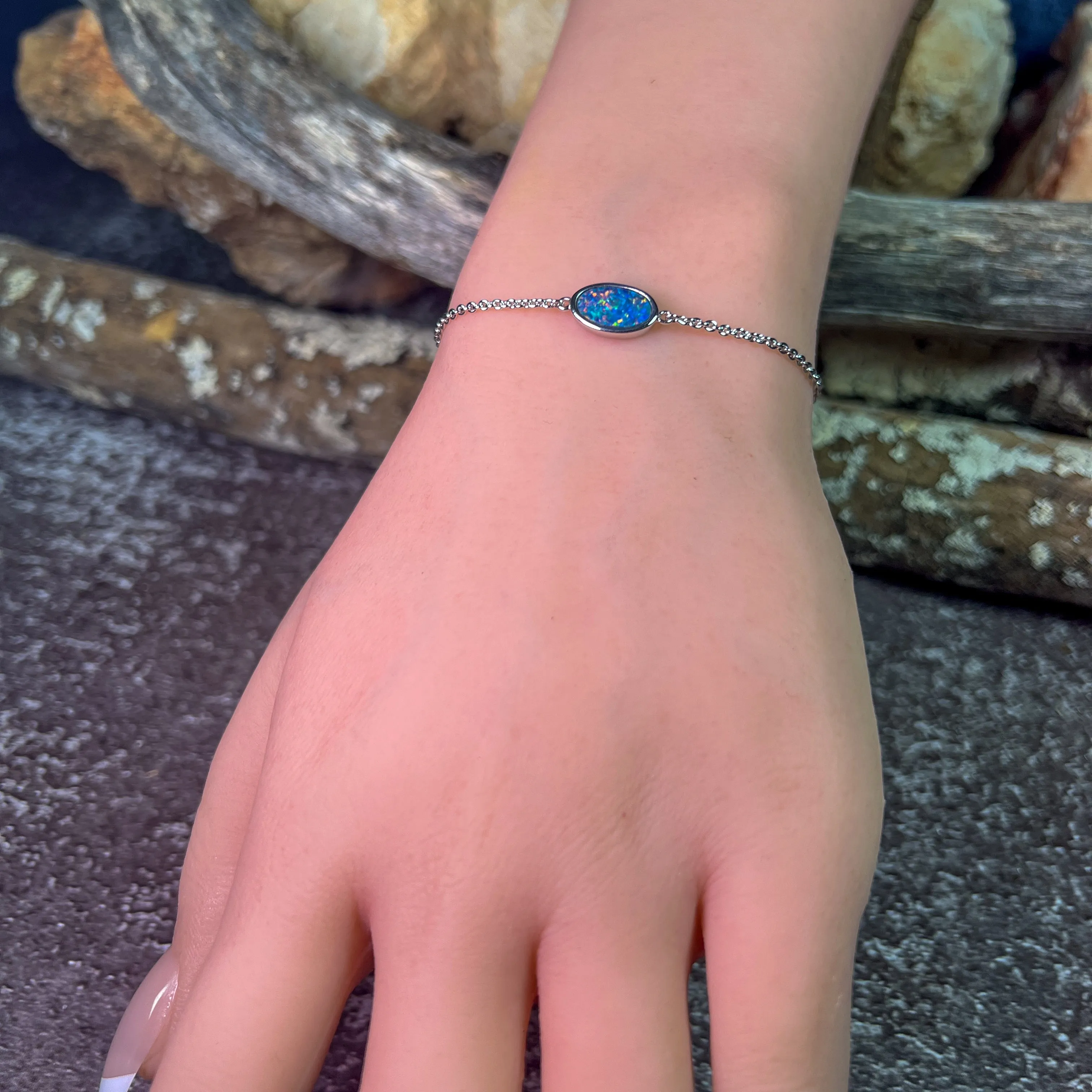 Sterling Silver Opal doublet oval solitaire bracelet