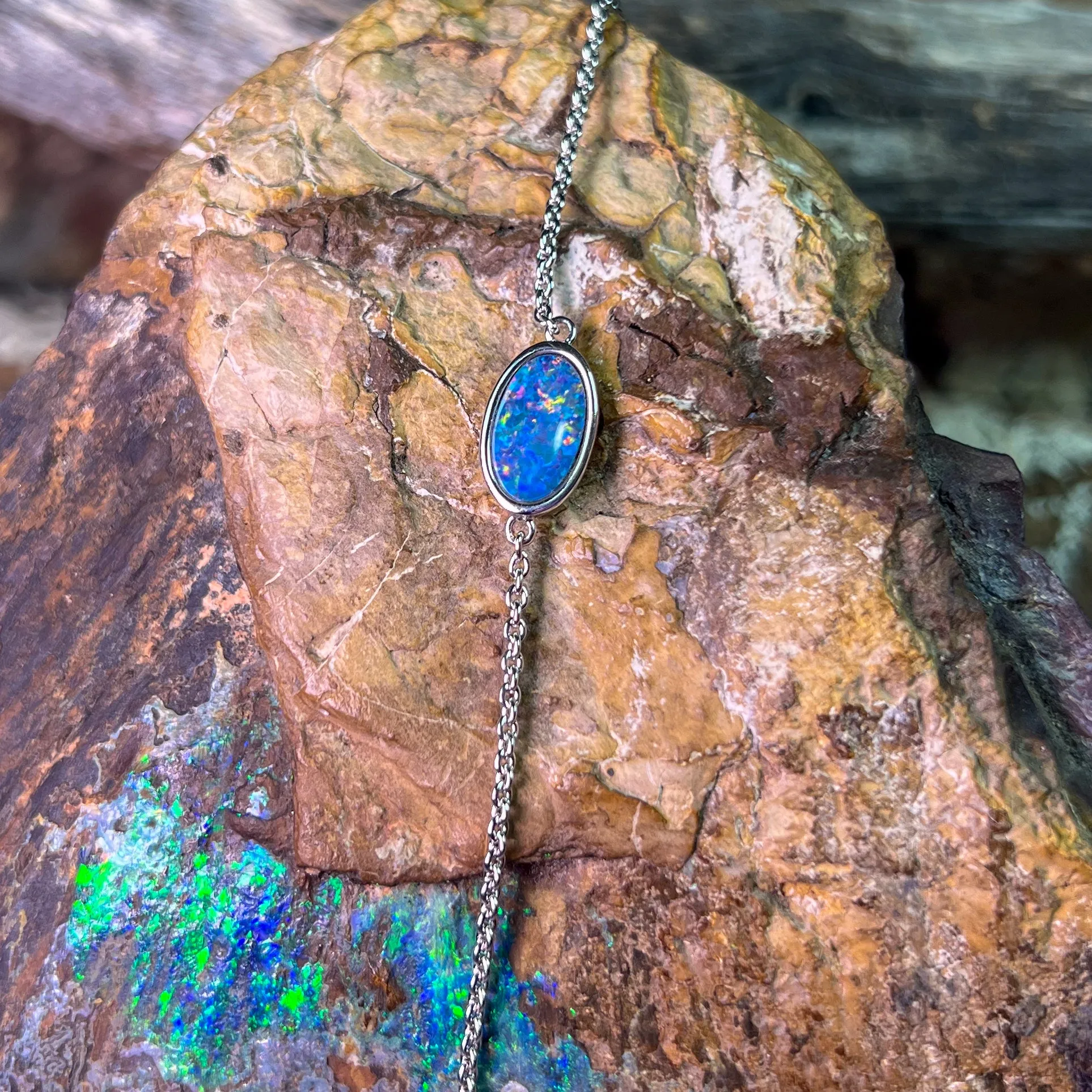 Sterling Silver Opal doublet oval solitaire bracelet