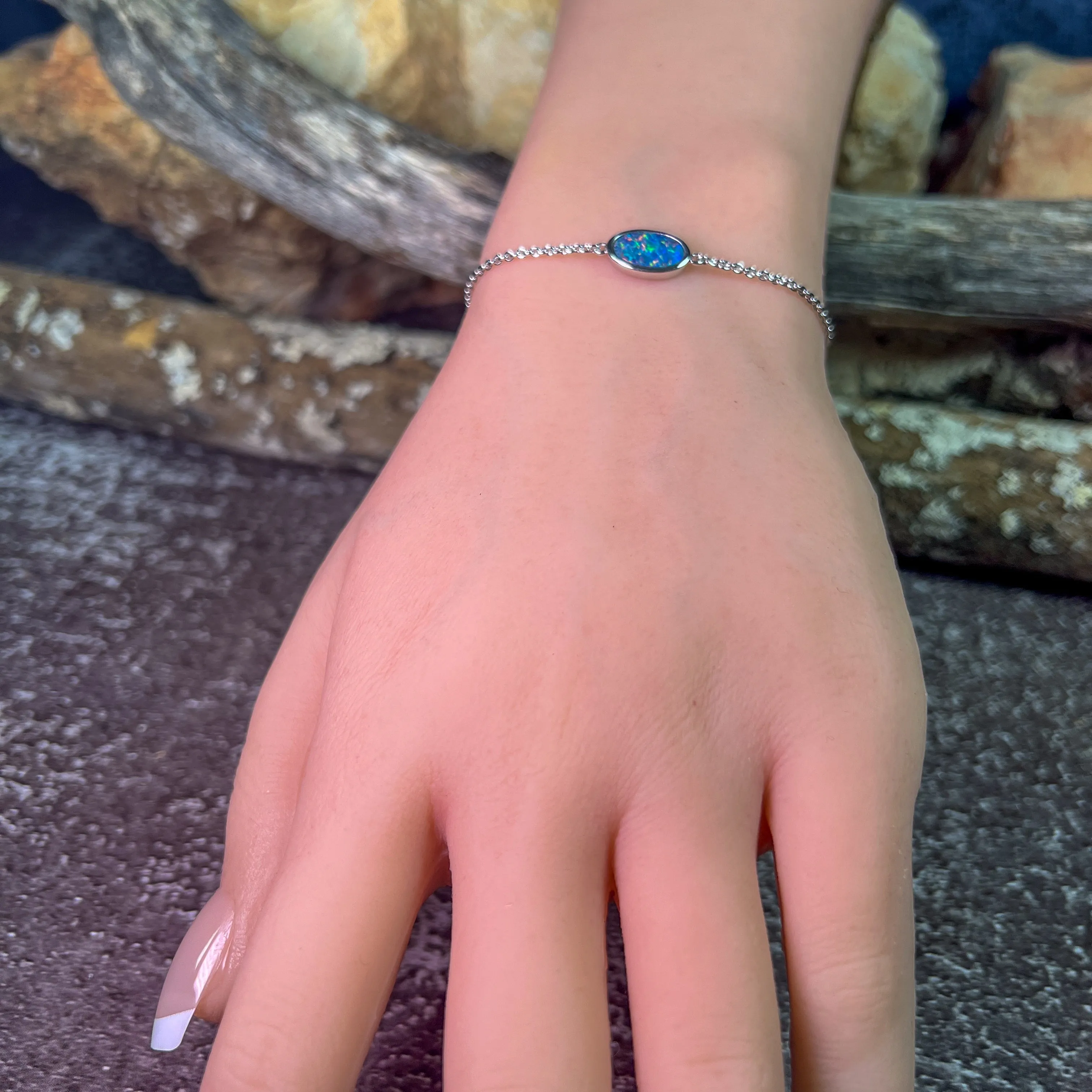 Sterling Silver Opal doublet oval solitaire bracelet
