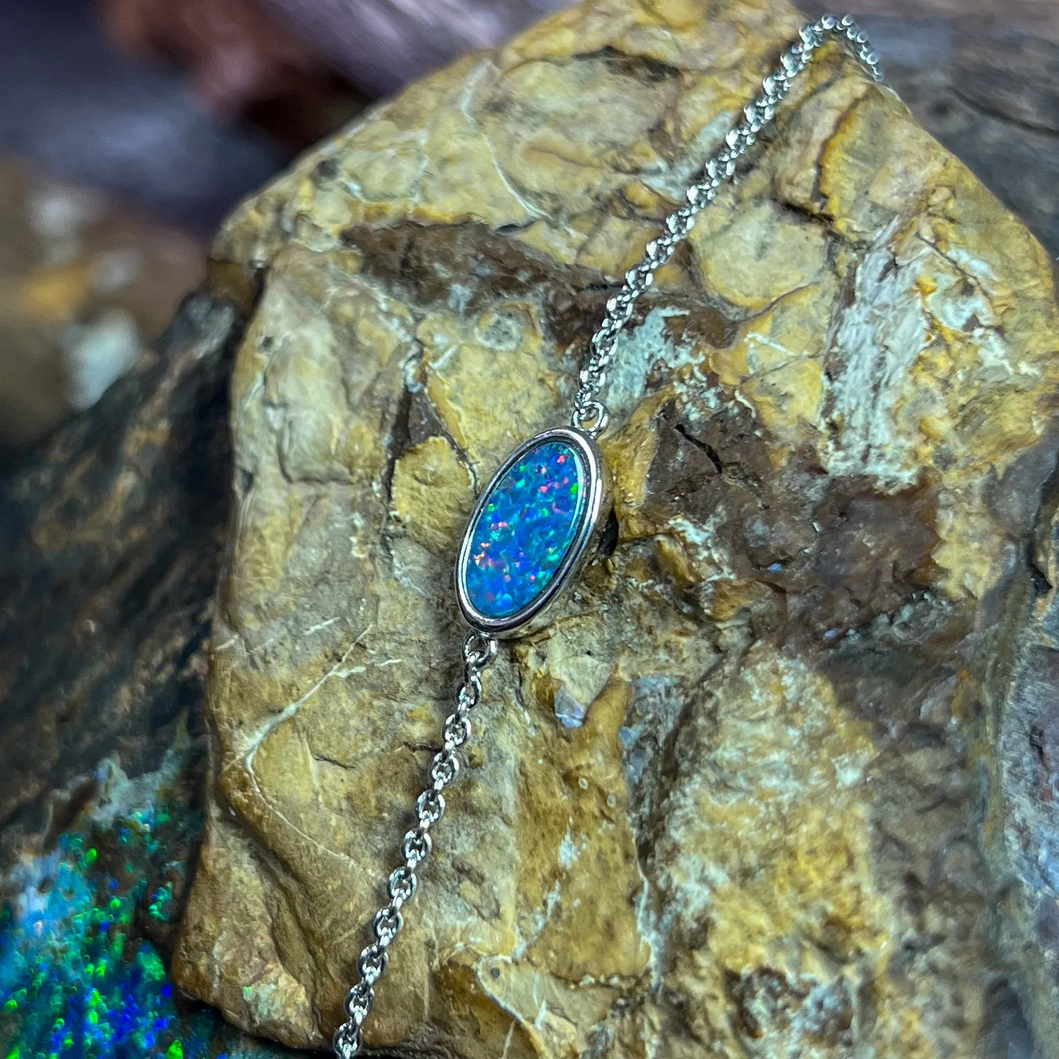 Sterling Silver Opal doublet oval solitaire bracelet