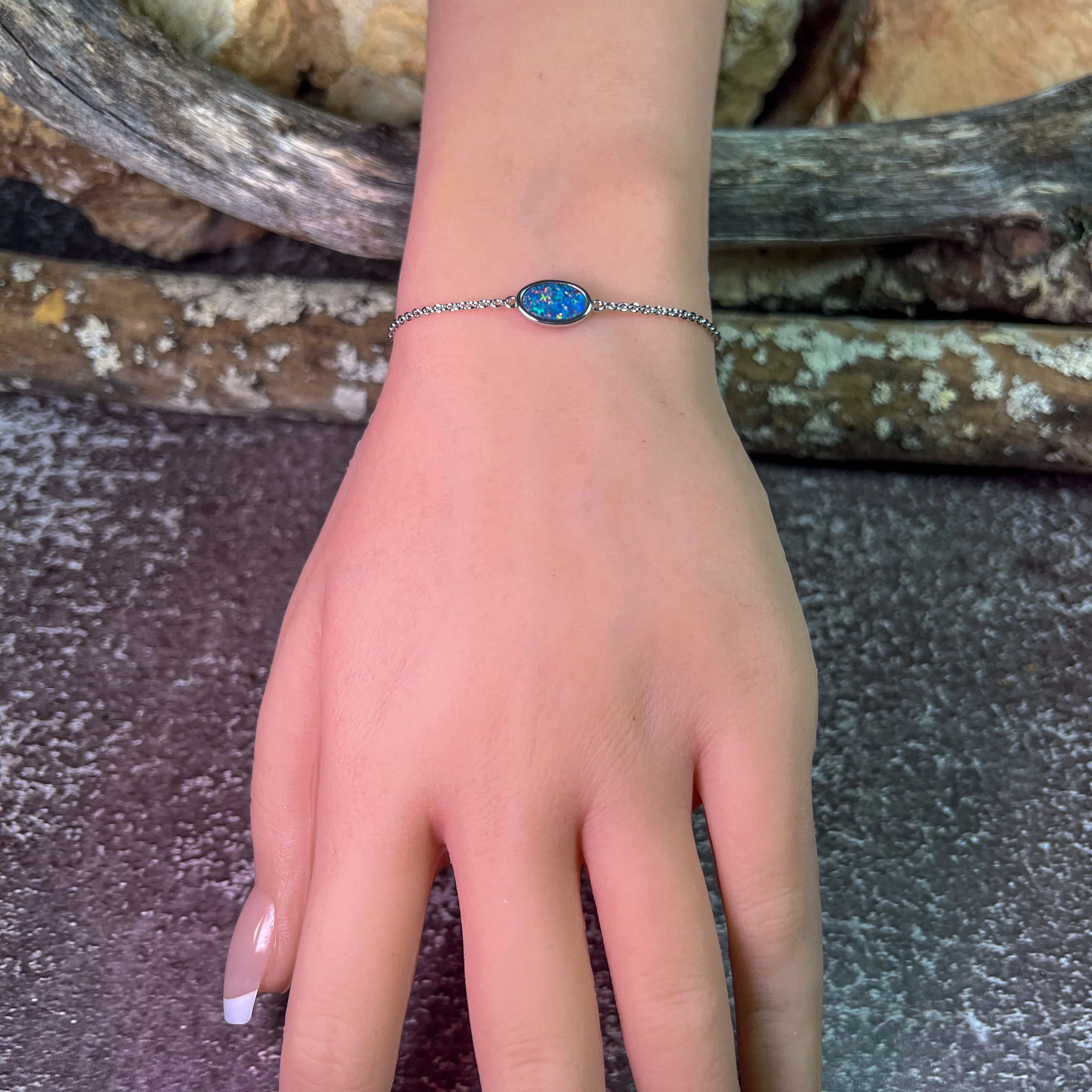 Sterling Silver Opal doublet oval solitaire bracelet