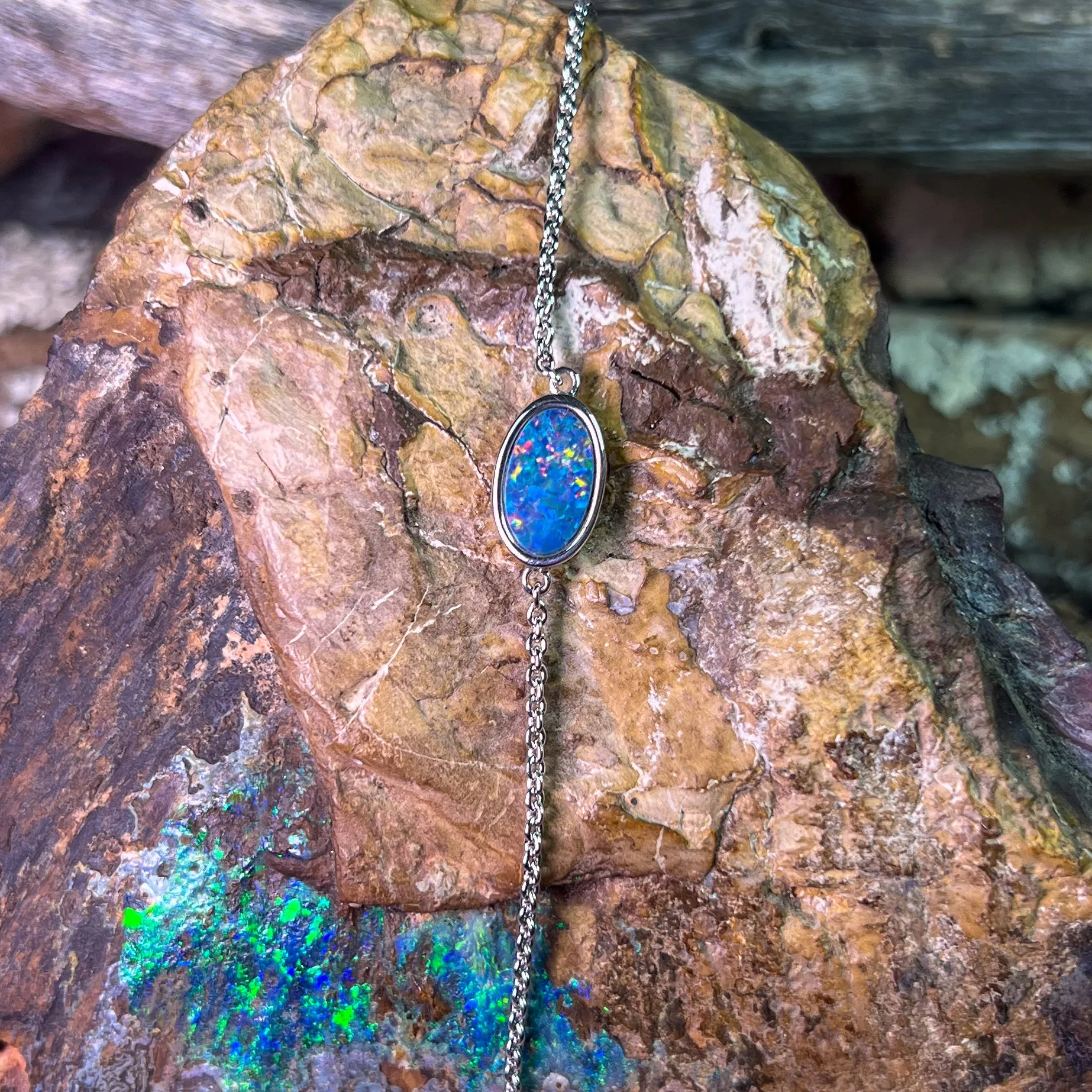Sterling Silver Opal doublet oval solitaire bracelet