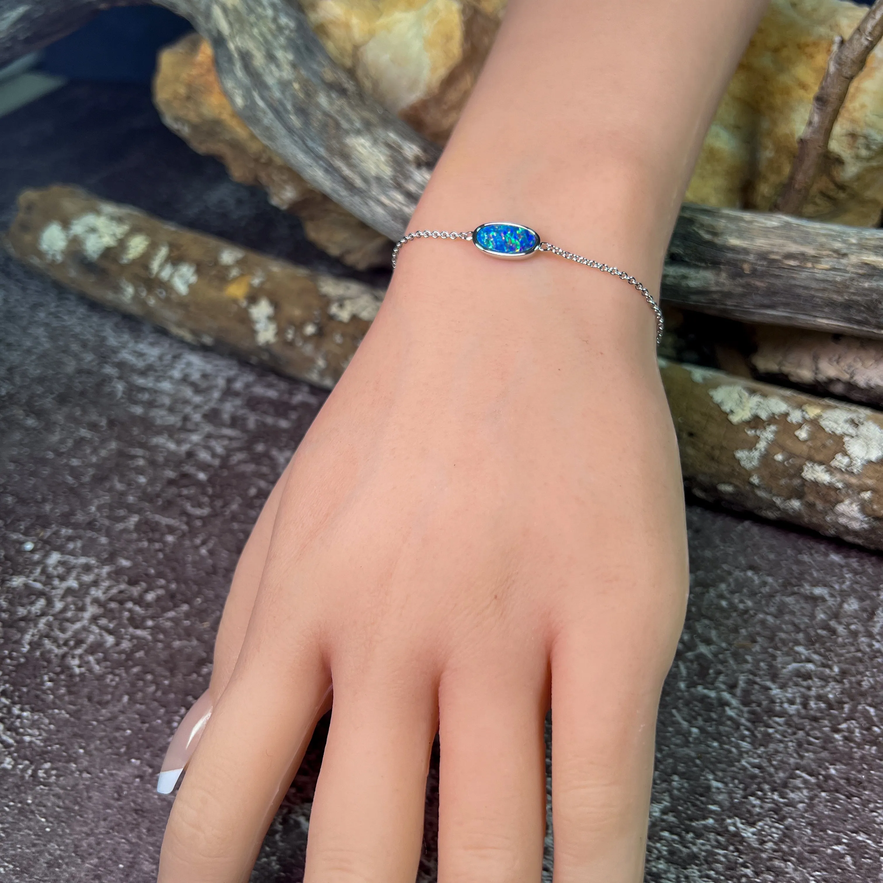 Sterling Silver Oval Opal doublet 12x6mm bracelet