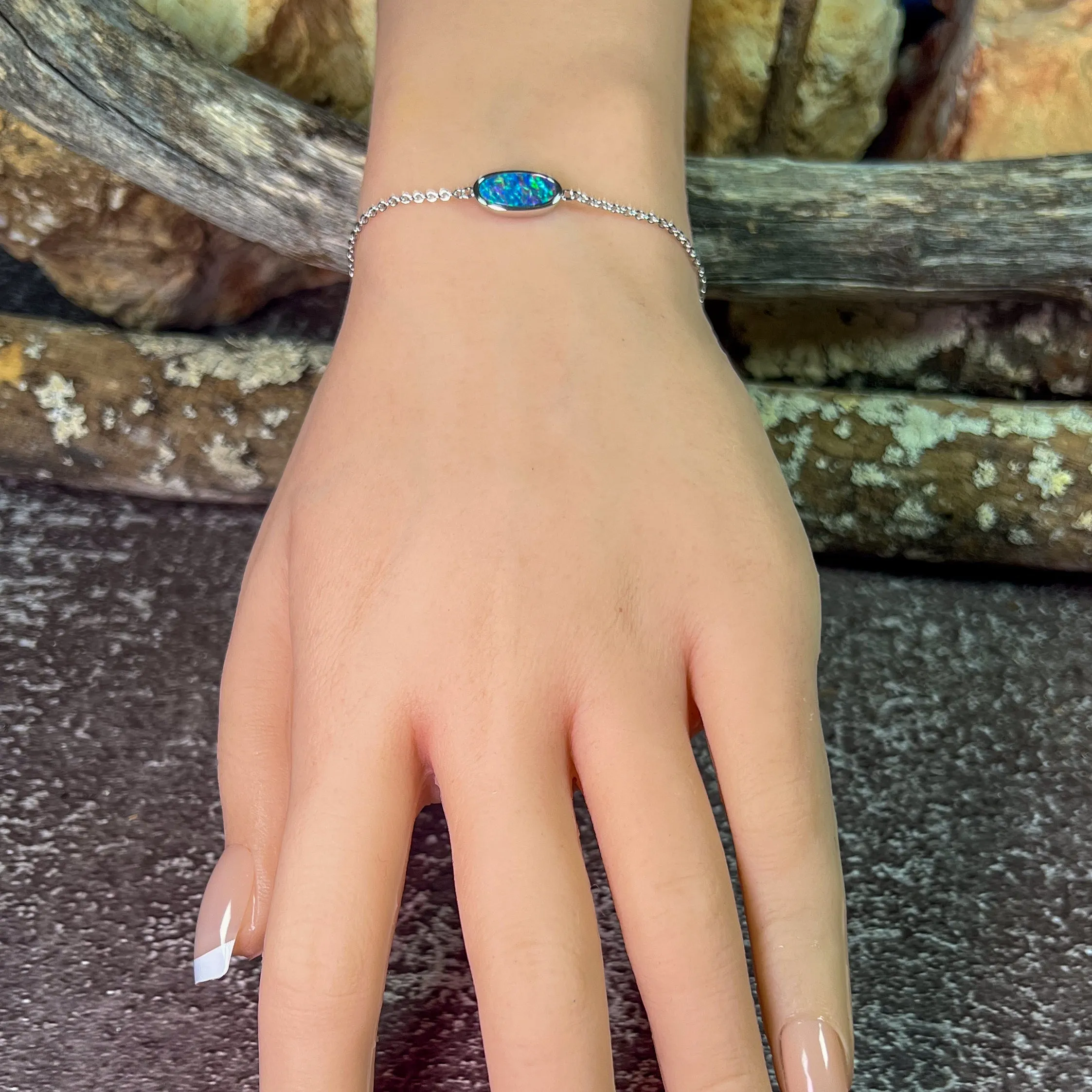 Sterling Silver Oval Opal doublet 12x6mm bracelet
