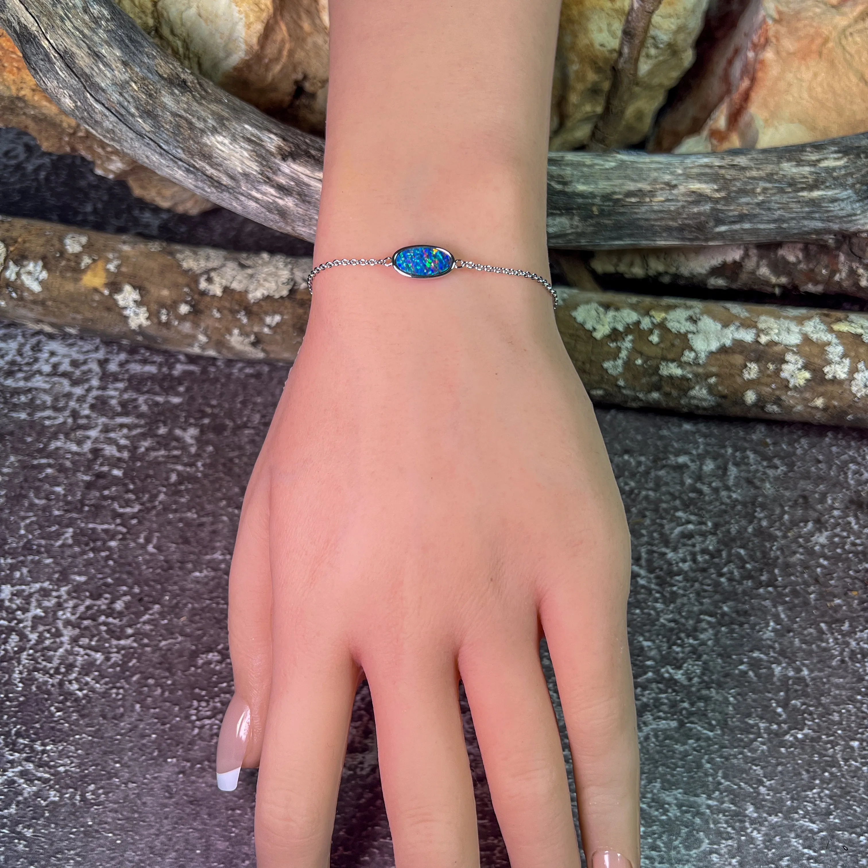 Sterling Silver Oval Opal doublet 12x6mm bracelet