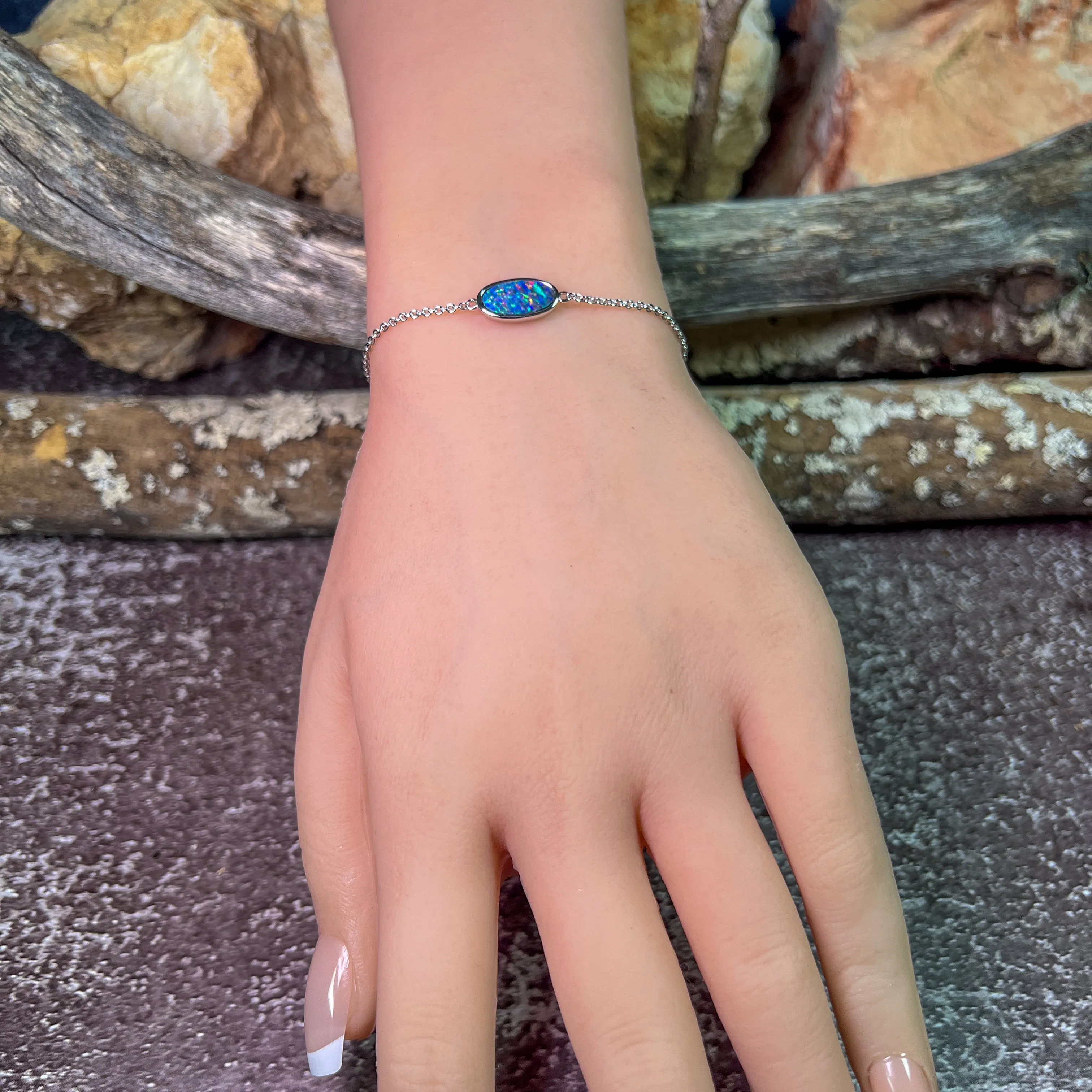 Sterling Silver Oval Opal doublet 12x6mm bracelet