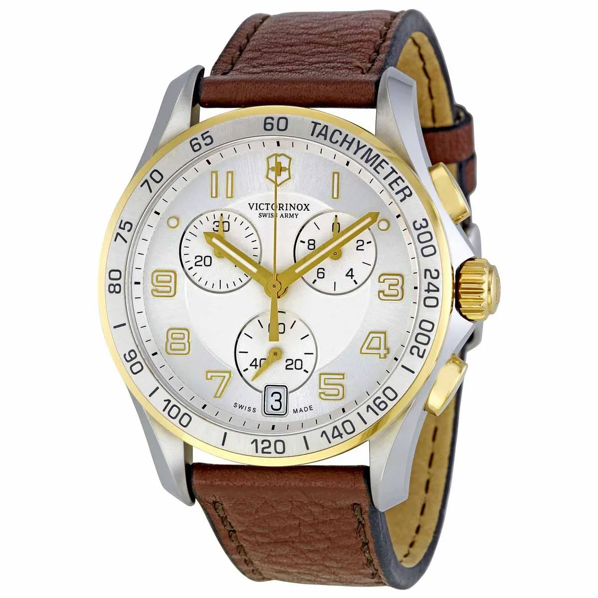 Swiss Army 241510 Men's Classic Silver Dial Brown Leather Strap Chronograph Watch