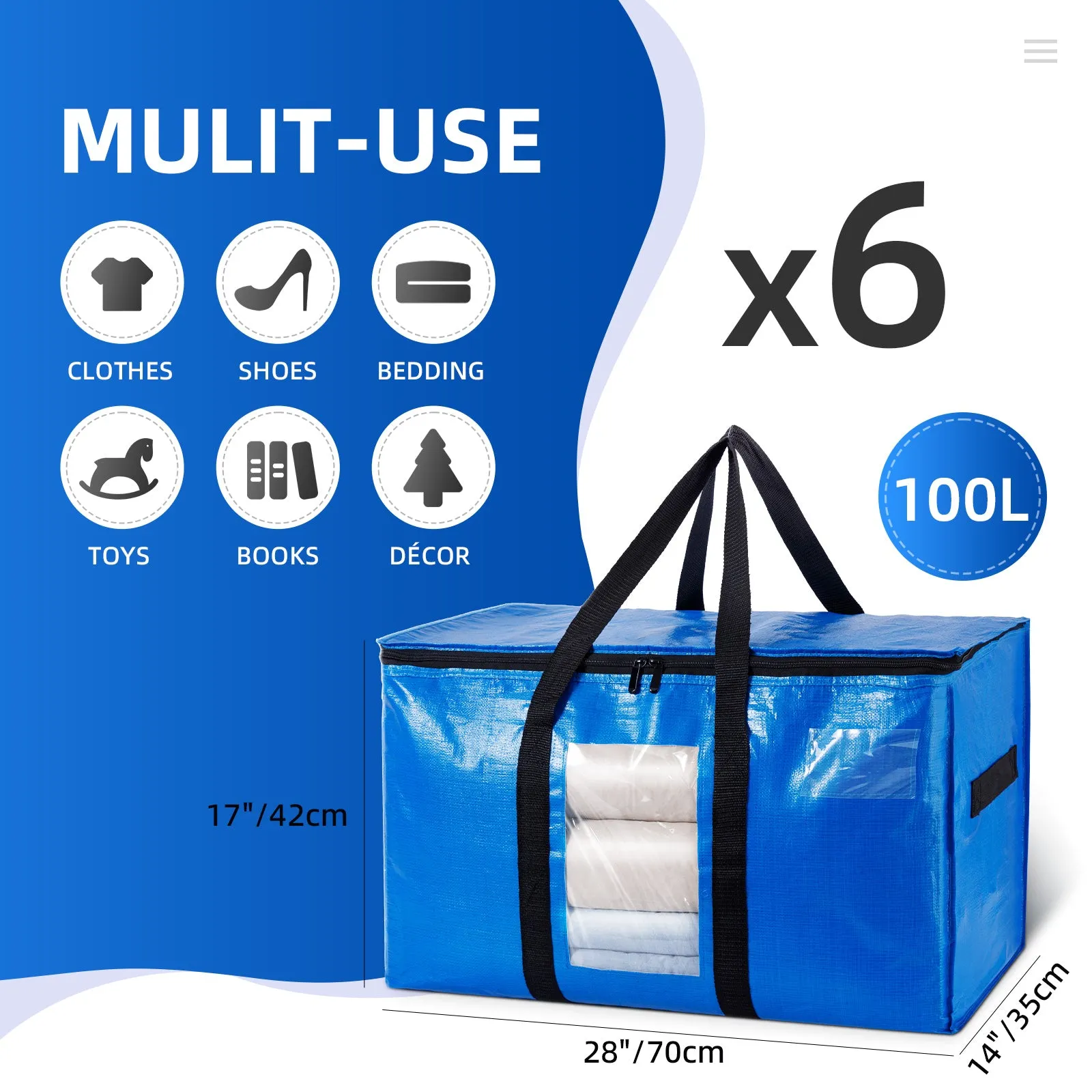 TAILI Moving Bags Extra Large 6 Pack, Heavy Duty Storage Bags with Visible Window, Wrap Around Handles and Reinforced Zipper Storage Tote for Space Saving Moving Storage, Moving totes