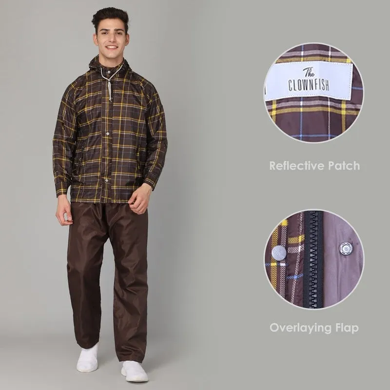 THE CLOWNFISH Majestic Pro Series Men's Waterproof Polyester Double Coating Reversible Raincoat with Hood and Reflector Logo at Back for Night Travelling. Set of Top and Bottom (Brown, XL)