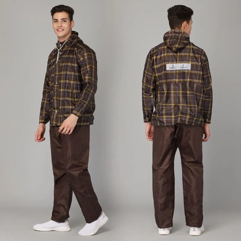 THE CLOWNFISH Majestic Pro Series Men's Waterproof Polyester Double Coating Reversible Raincoat with Hood and Reflector Logo at Back for Night Travelling. Set of Top and Bottom (Brown, XL)
