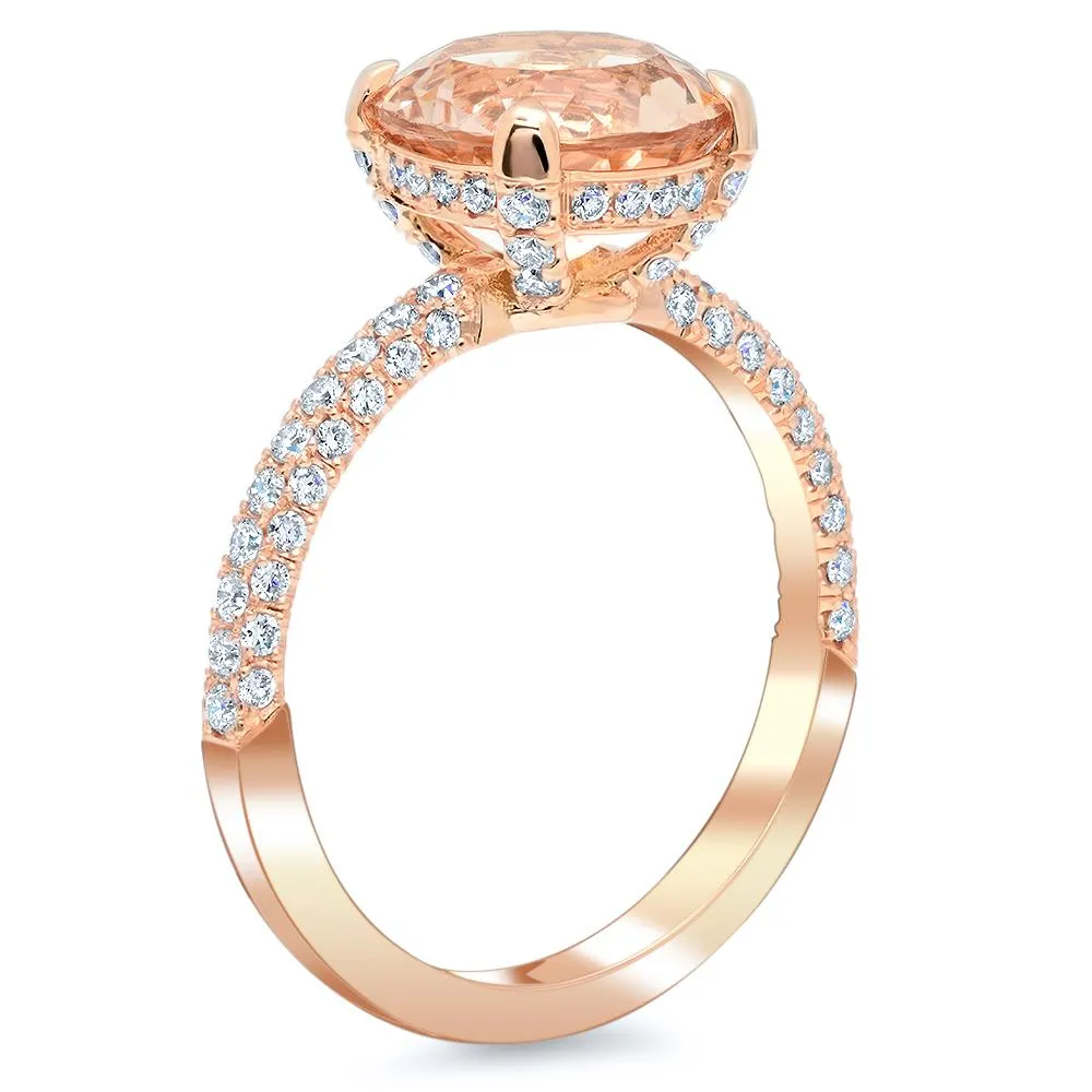 Three Sided Pave Diamond Ring With Round Morganite