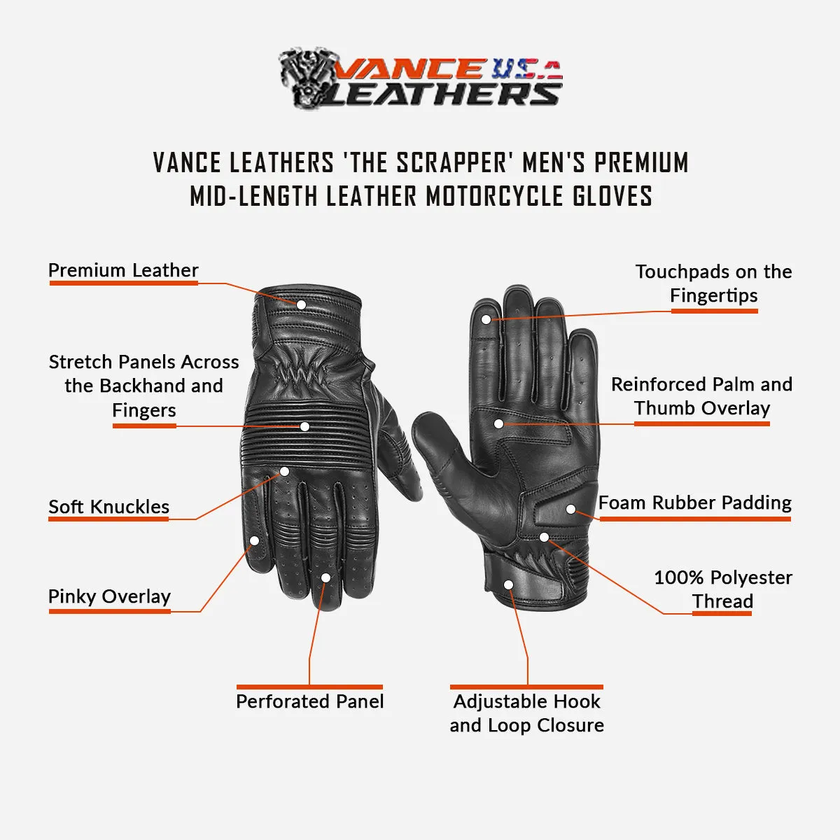 Vance Leathers 'The Scrapper' Men's Premium Mid-Length Leather Motorcycle Gloves