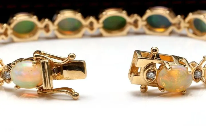 Very Impressive 20.00 Carats Natural Ethiopian Opal & Diamond 14K Solid Yellow Gold Bracelet