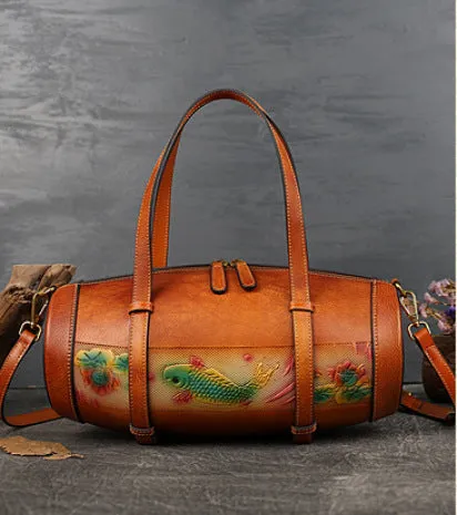 Women Vintage Fish Embossing Leather Bucket Bags 3227