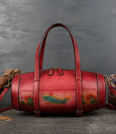 Women Vintage Fish Embossing Leather Bucket Bags 3227