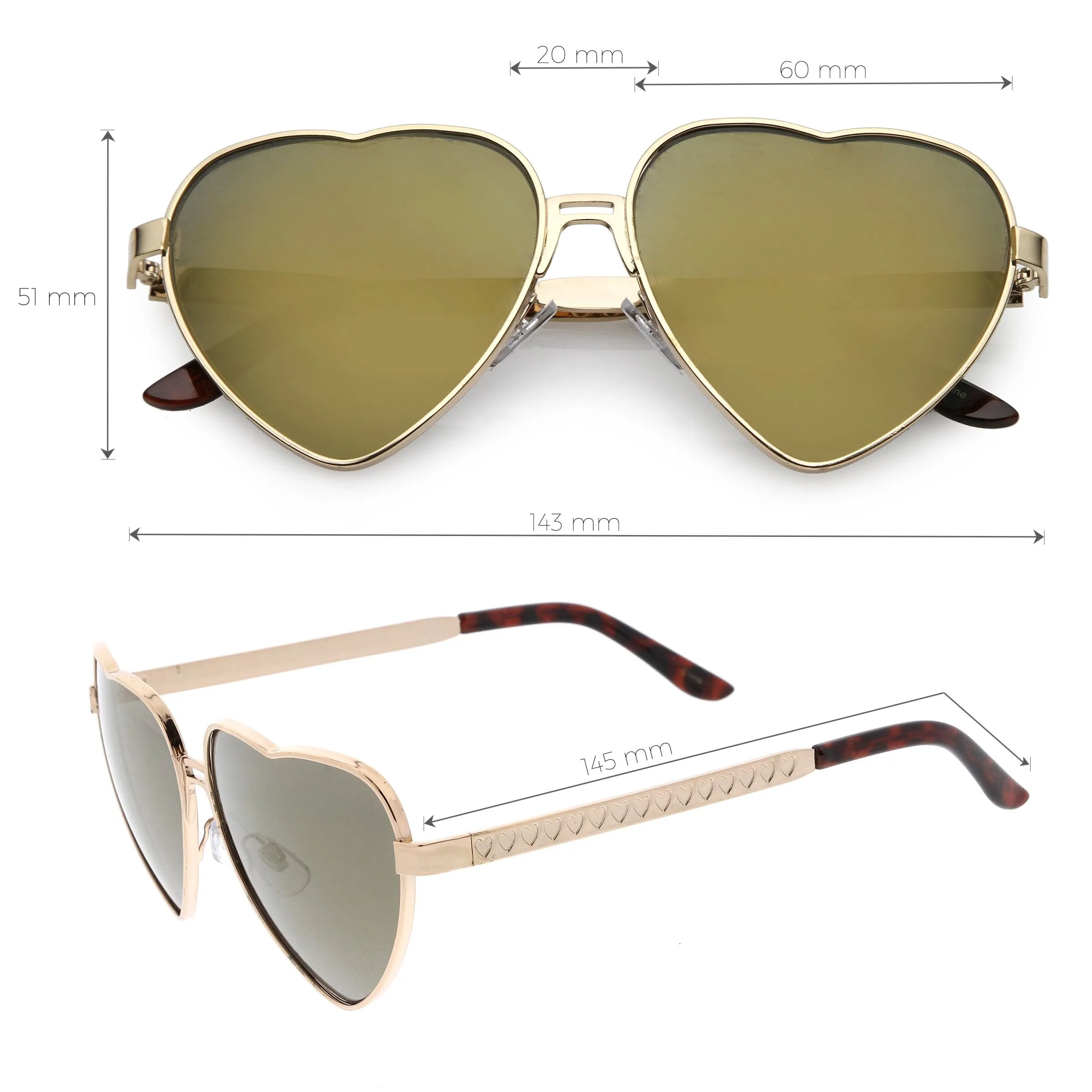 Women's Oversize Metal Heart Shaped Mirrored Lens Sunglasses C729