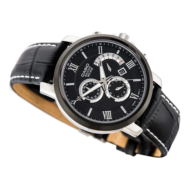 WW0378 Casio Beside Chronograph Stainless Steel Leather Belt Watch BEM-507BL-1AVDF